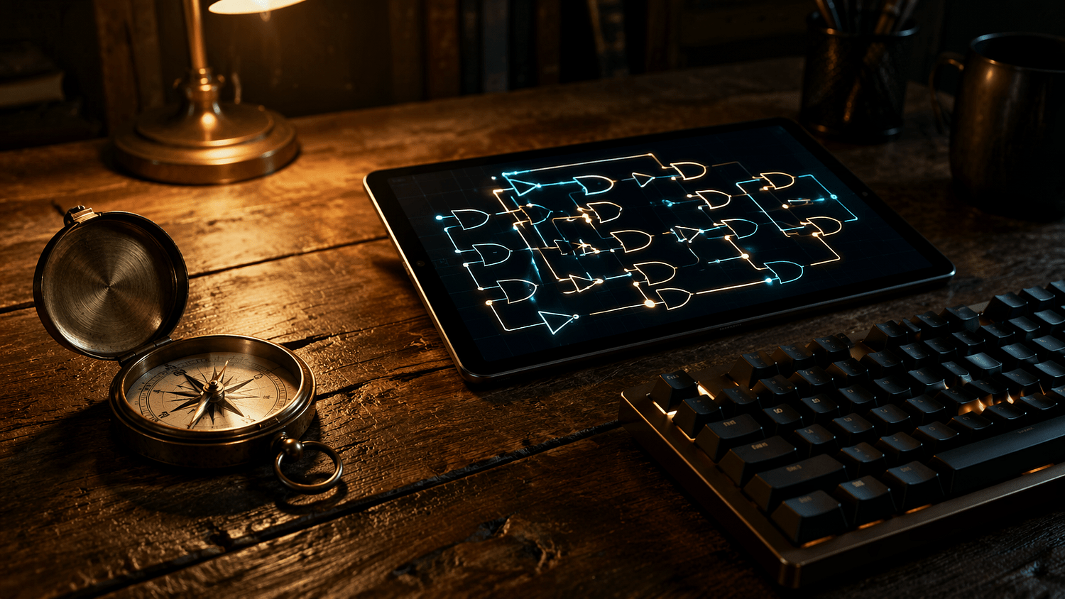 A cinematic workspace scene featuring a weathered wooden desk with a vintage brass compass, mechanical keyboard, and glowing tablet displaying a complex logic diagram under warm dramatic lighting.