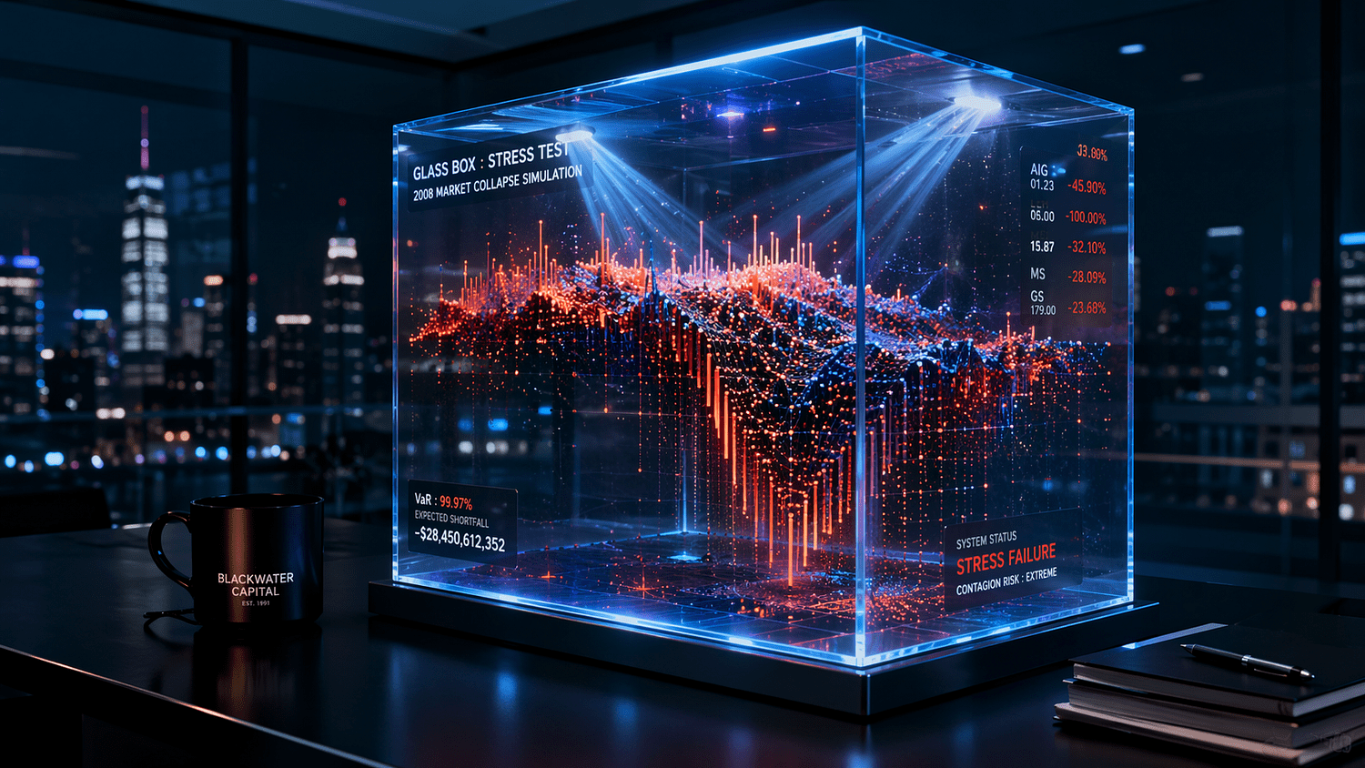 A glowing glass cube on a dark desk displays a dramatic stock market crash simulation in a modern office overlooking a city at night.