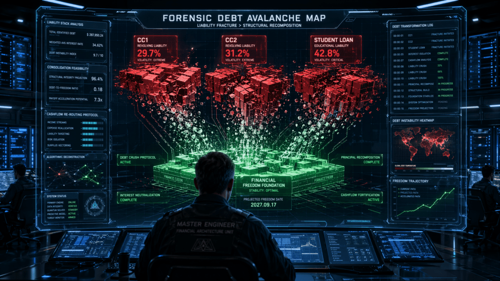 A wide-angle photograph taken over the shoulder of a seasoned engineer in a futuristic, dimly lit data center. He is analyzing a massive, transparent OLED screen displaying a detailed 3D visualization titled 'FORENSIC DEBT AVALANCHE MAP'. The screen shows unstable, cascading red blocks labeled with high-interest debt data being mathematically crushed and transformed into stable, structured green foundations, illuminated by cold blue and green light