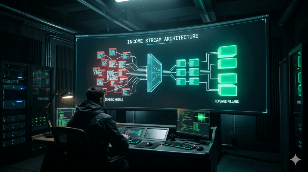A wide-angle, cinematic photograph of a Master Engineer's command center at night. A massive panoramic monitor in the background displays a complex, glowing 3D flowchart titled "INCOME STREAM ARCHITECTURE." Fragmented, red data blocks labeled "GENERIC HUSTLE" are being funneled through a technical filter and emerging as solid, glowing green "REVENUE PILLARS." The lighting is cold and focused, emanating from the emerald-green technical data on the screen. The engineer is seated at a multi-monitor console, facing the large screen, surrounded by racks of glowing servers.
