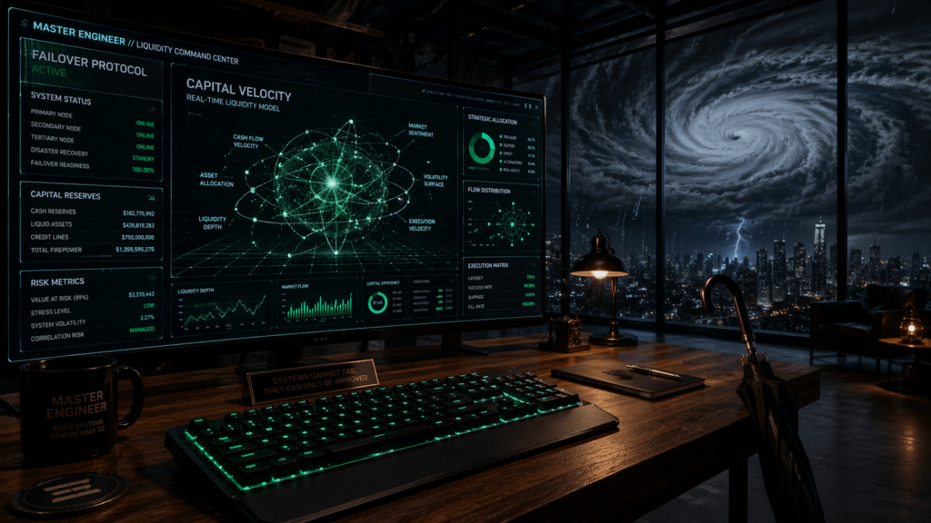 Wide-angle cinematic nighttime office scene showing a dark walnut desk with a glowing emerald-backlit mechanical keyboard in the foreground. A massive panoramic monitor displays futuristic financial dashboards labeled “Failover Protocol” and “Capital Velocity.” A metal umbrella leans unused against the desk, while a hurricane swirls outside a reinforced window overlooking a city skyline.
