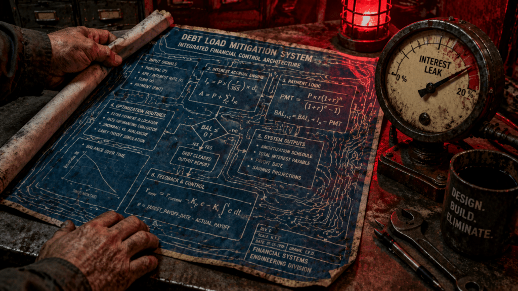 Weathered hands unroll a financial blueprint on a metal bench beside an “Interest Leak” gauge deep in the red. The gritty industrial scene symbolizes solving debt problems.