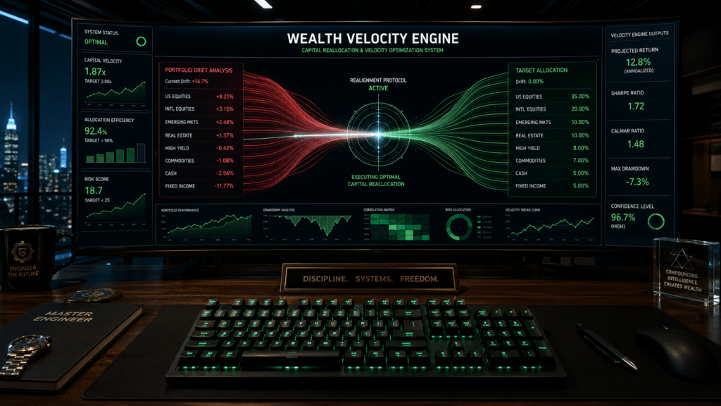 Wide-angle cinematic night scene of a futuristic command center with a dark walnut desk and emerald-backlit mechanical keyboard in the foreground. A massive panoramic monitor displays a glowing financial dashboard titled “Wealth Velocity Engine,” showing red portfolio drift lines being redirected by a bright white laser into a green target zone. Cold blue-green lighting creates a sharp, forensic atmosphere.