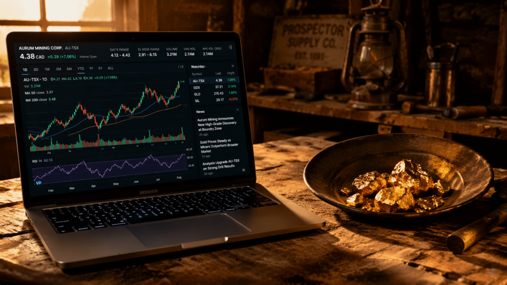 Laptop displaying market charts beside a gold pan filled with nuggets on a rustic workbench in warm sunset light.
