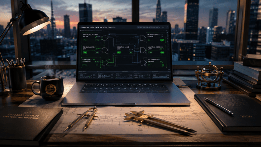 Hyper-realistic wide-angle image of a professional drafting table in a glass box workspace with a laptop displaying a financial logic gate diagram, green PRO markers, brass calipers, military compass, black coffee, blueprints, and a blurred 2026 city skyline at dusk.