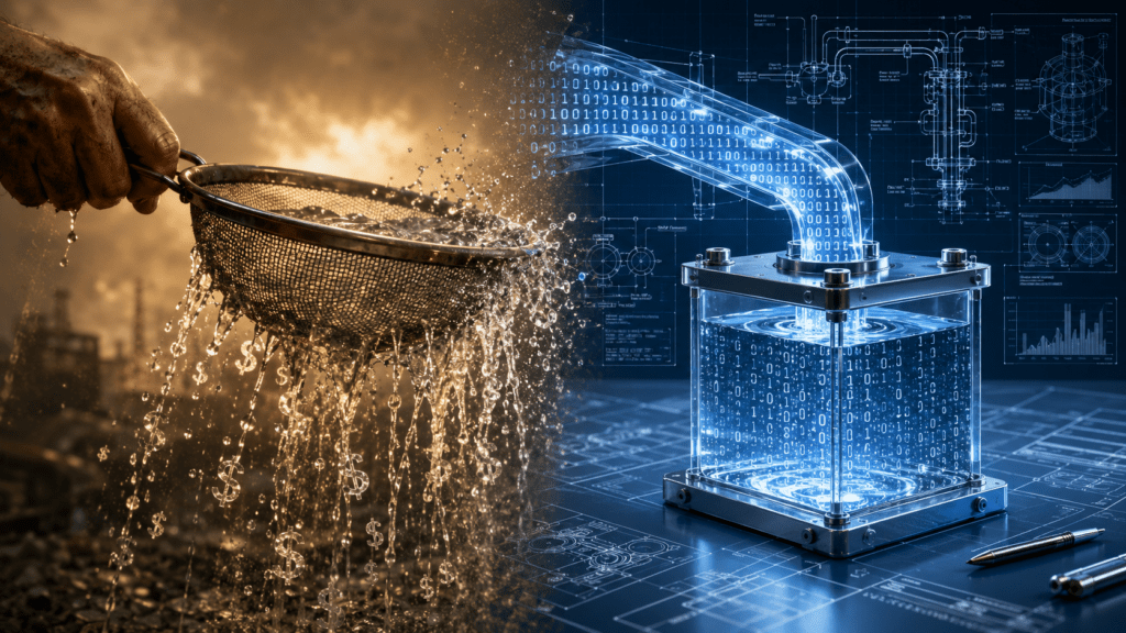 A cinematic split-screen image contrasts financial waste with engineered efficiency. On the left, a hand holds a metal sieve overflowing with water as dollar signs leak through the mesh in a warm, hazy scene. On the right, a glowing blue stream of binary data flows through a transparent conduit into a sealed glass reservoir surrounded by technical schematics and blueprint-style diagrams.
