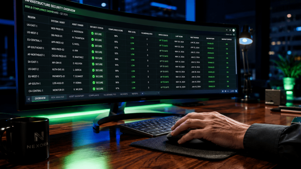 Close-up of an engineer’s hand on an ergonomic mouse navigating a glowing cybersecurity spreadsheet dashboard on a curved monitor, with green security indicators, blue LED lighting, and a polished mahogany desk in a dark executive office.
