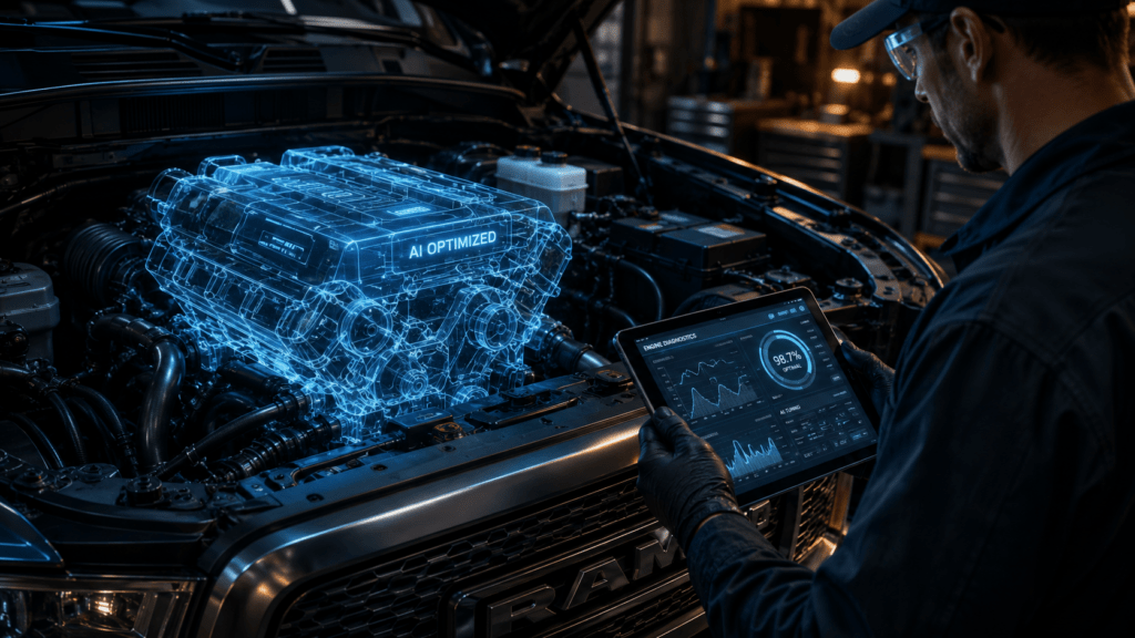Mechanic using a digital tablet to diagnose and optimize a modern truck engine with a glowing blue AI holographic engine block in a high-tech garage.