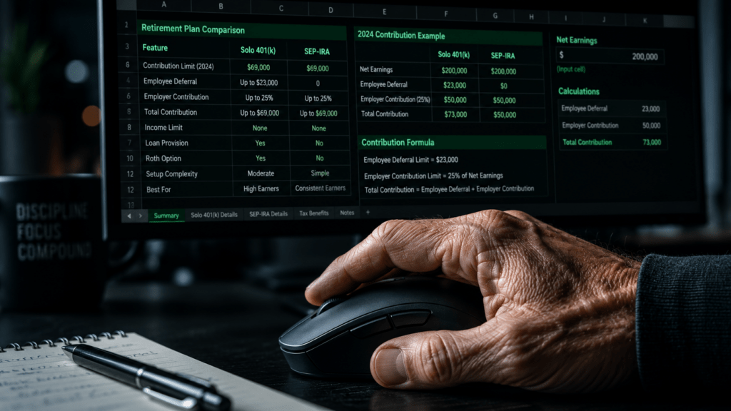 Aged hand using a black computer mouse in front of a dark monitor showing a green spreadsheet comparing Solo 401(k) and SEP-IRA retirement plan options.