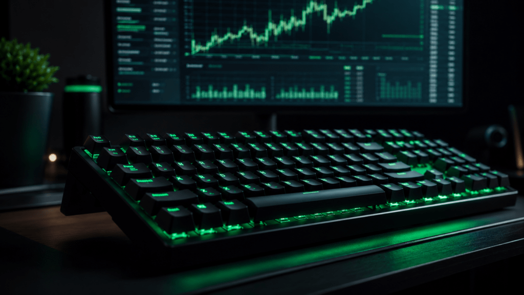 This cinematic tech workspace image shows a high-end mechanical keyboard illuminated by vivid emerald-green LED backlighting. In the background, a softly blurred monitor displays glowing financial charts and structured treasury-style data, creating a polished, professional atmosphere. The dark lighting, shallow depth of field, and premium desk setup make this image ideal for articles about financial systems, treasury management, investing workflows, business dashboards, fintech tools, productivity, or AI-powered financial analysis.