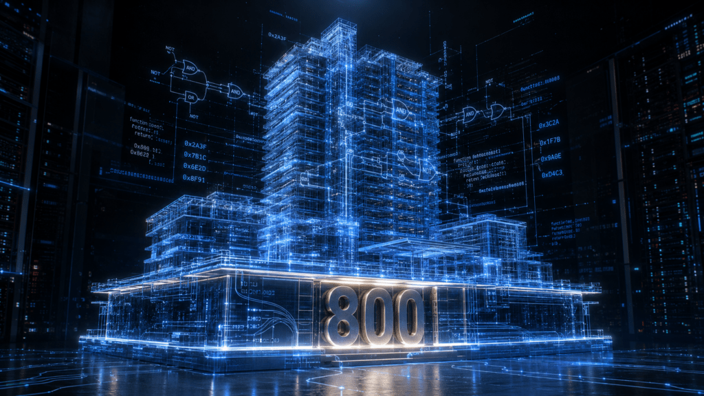 A cinematic 16:9 digital rendering shows a transparent holographic high-rise blueprint glowing in blue inside a dark data center. The building is constructed from data streams, logic gate symbols, circuitry, and hexadecimal code snippets. A large metallic “800” glows at the foundation, symbolizing a strong credit-score base or engineered financial stability.