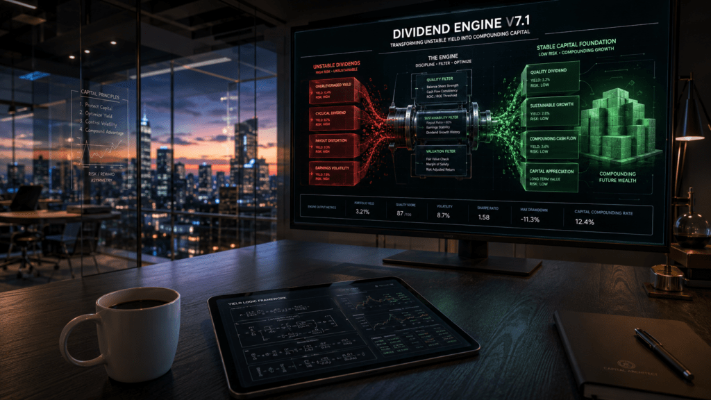 A cinematic twilight office scene with a dark wood desk, coffee mug, tablet showing yield logic, and a large monitor titled “Dividend Engine V7.1.” The screen shows unstable red dividend blocks being filtered and transformed into stable green capital foundations, creating a high-tech financial command center atmosphere.