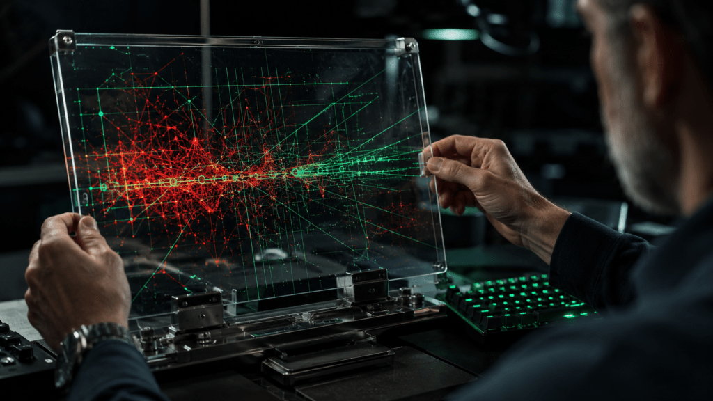 Seasoned engineer’s hands adjusting a transparent OLED monitor showing a glowing volatility web, with red chaotic data lines corrected by green forensic grid lines in a dark high-tech workspace.