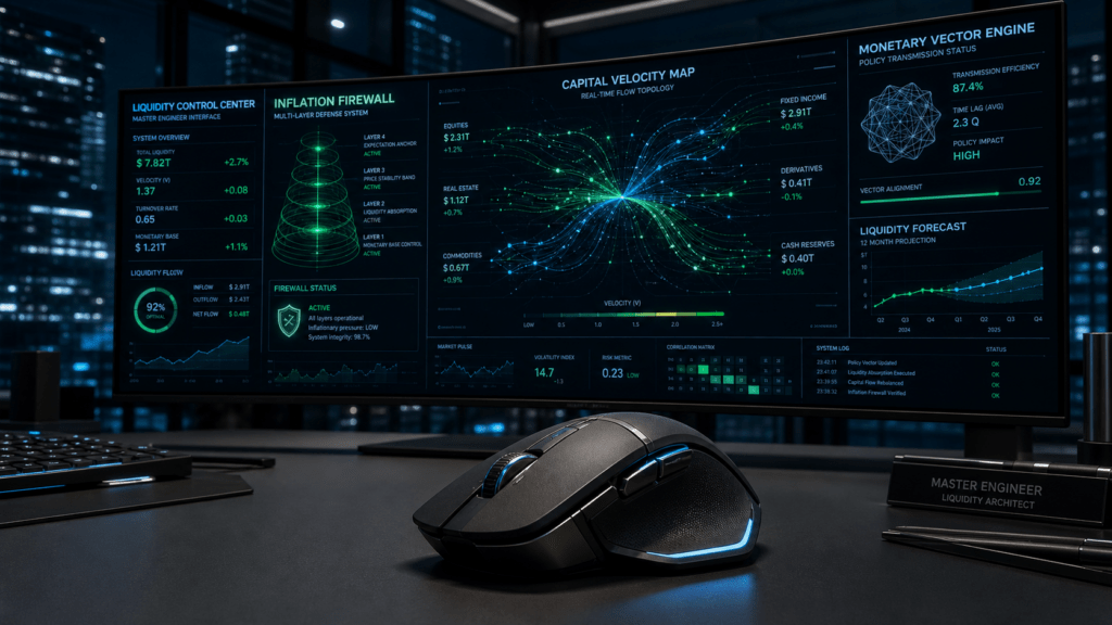 A cinematic night scene showing a dark, high-tech workspace with a sleek ergonomic mouse in the foreground and a massive panoramic monitor in the background. The monitor displays glowing blue and green financial dashboards labeled “Inflation Firewall” and “Capital Velocity Map,” with charts, flow lines, liquidity forecasts, and technical data panels. The scene feels like a futuristic economic command center designed for analyzing inflation, liquidity, and capital movement.