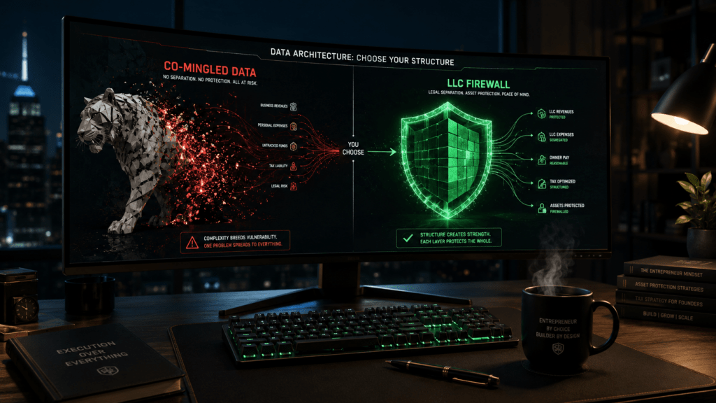 Wide-angle nighttime solopreneur desk with ultra-wide monitor displaying a red co-mingled data risk diagram beside a green LLC firewall shield matrix, with keyboard, coffee mug, and business planning tools.