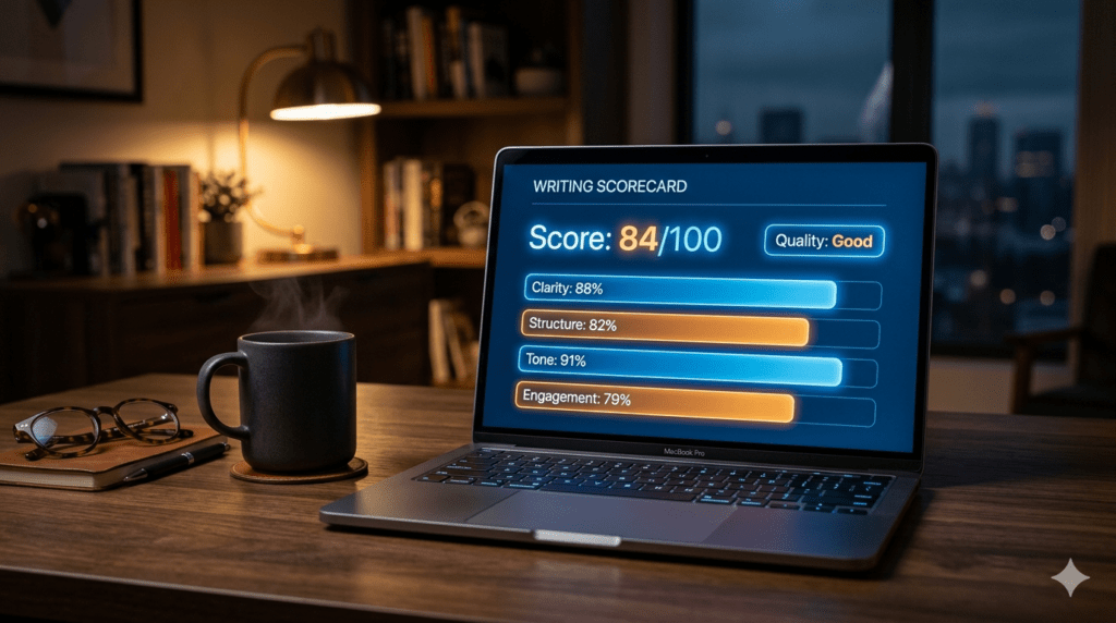 A professional photograph of a sleek laptop open on a dark oak desk at night. The screen displays a glowing blue and orange "Writing Scorecard" interface with a score of 84/100 and progress bars for clarity, structure, tone, and engagement. Next to the laptop sits a steaming dark ceramic coffee mug on a coaster, a pen, and a pair of tortoise-shell reading glasses resting on a small notebook. The background features warm, moody lighting from a classic desk lamp illuminating a bookshelf.