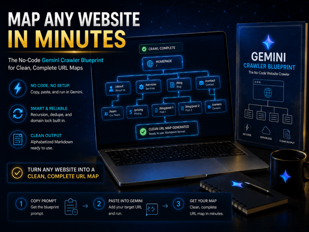 Hero image for the No-Code Gemini Crawler Blueprint showing a laptop with a glowing website sitemap, a product blueprint box, and text promoting “Map Any Website in Minutes” with a three-step copy, paste, and run workflow.