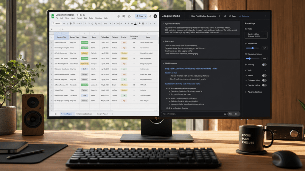 Modern minimalist workspace with oak desk, mechanical keyboard, large monitor displaying a Google Sheets-style content tracker and Google AI Studio prompt editor, lit by natural morning sunlight.