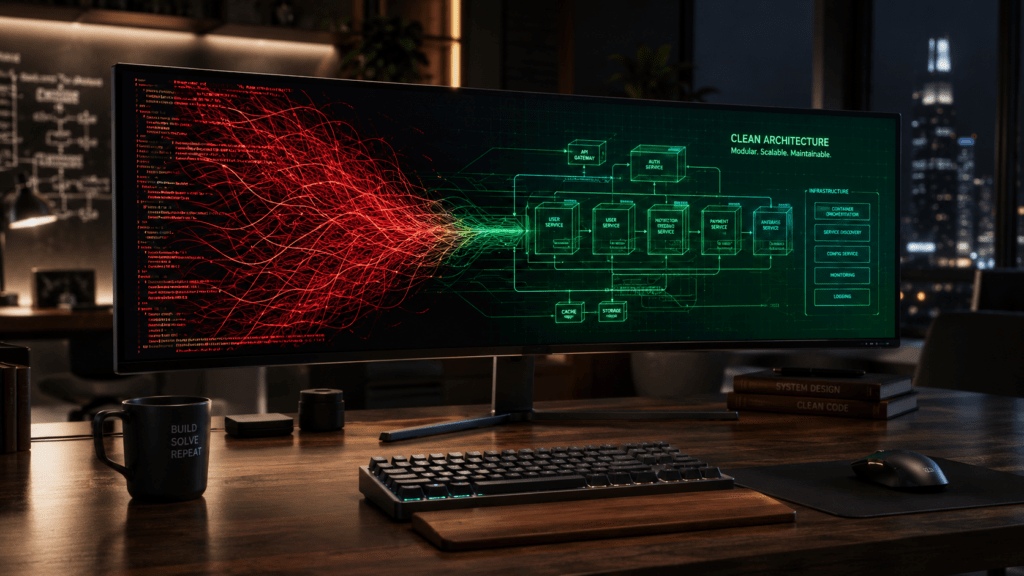 A premium developer workstation in a dark modern office with an ultra-wide monitor showing tangled red spaghetti code transforming into a glowing green clean architecture blueprint, with a mechanical keyboard and black coffee mug on a dark walnut desk.