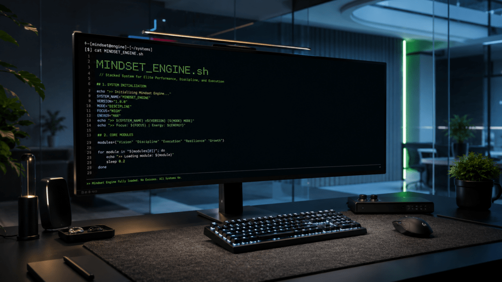 A modern glass-box developer workspace with an ultra-wide monitor displaying a glowing green and white command-line script titled MINDSET_ENGINE.sh, with a backlit mechanical keyboard, designer mouse, dark felt desk mat, and cool blue-green LED office lighting.