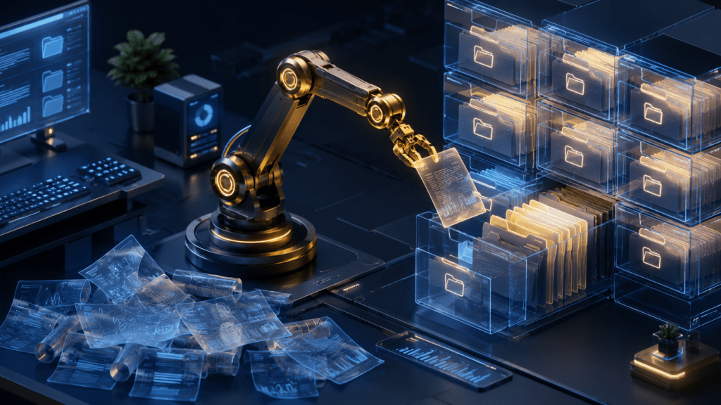 A futuristic 3D isometric workspace shows a glowing robotic arm sorting translucent digital documents into neat holographic filing drawers, with blue and gold lighting, a dark tech interface, and organized digital files.