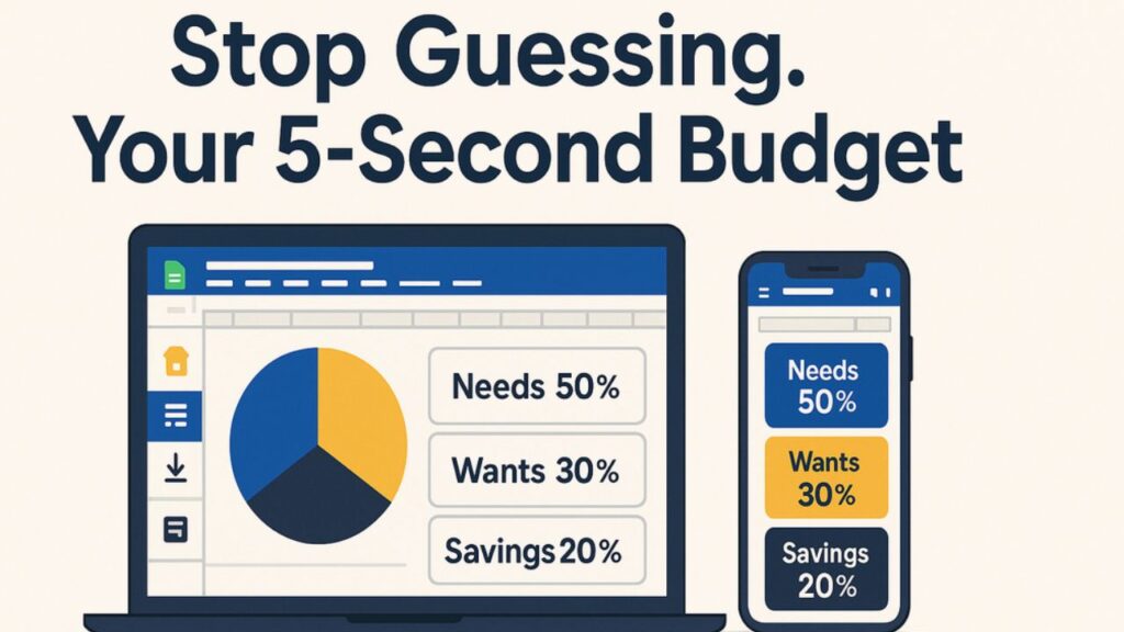 Vector graphic of a laptop and smartphone side-by-side displaying a simplified budget layout. Bold header text at the top reads, "Stop Guessing. Your 5-Second Budget." The laptop screen shows a pie chart divided into three sections alongside text boxes labeled "Needs 50%", "Wants 30%", and "Savings 20%". The smartphone displays the same three color-coded spending categories stacked vertically.