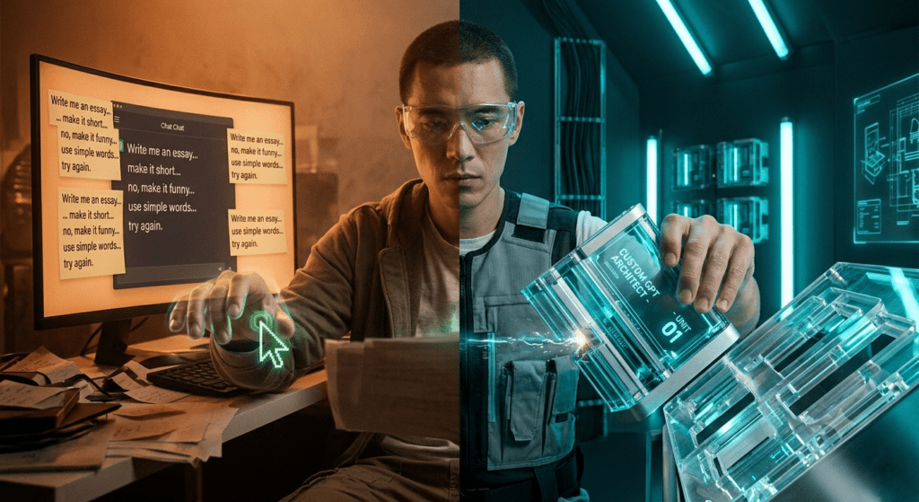 This split image visualizes the critical shift from being a reactive AI user (left: chaotic prompting and endless corrections) to a structured GPT builder (right: designing reliable, specialized "Digital Employee" modules). Ready to build your first system?