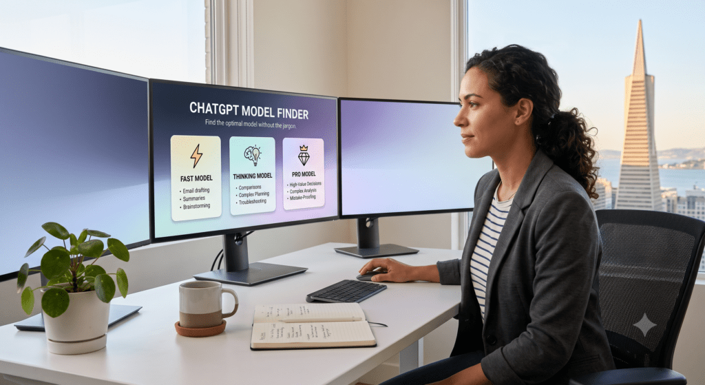 A professional woman at a modern desk looking at three monitors, with the center screen displaying a "ChatGPT Model Finder" comparing Fast, Thinking, and Pro models.