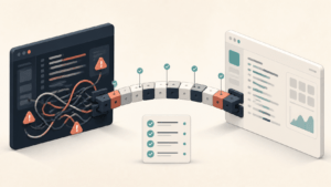 Illustration of tangled legacy code with warning icons connected by a checked bridge to a clean, orderly modern application.