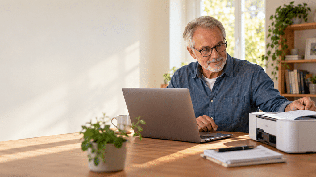 Older man at a sunlit home desk looks at a laptop while reaching toward a printer.