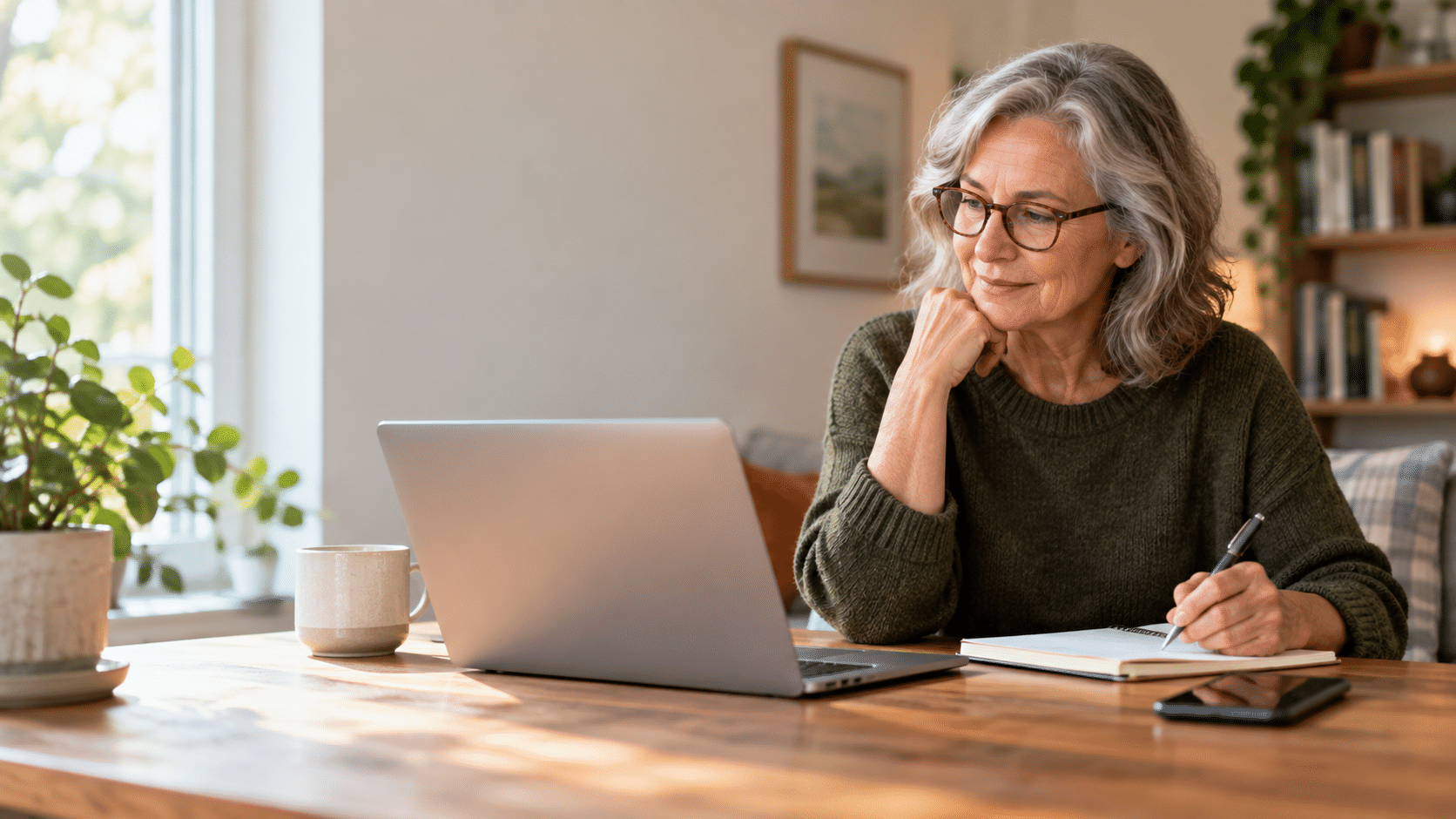 Older woman writing in a notebook beside an open laptop, with a smartphone on the table.