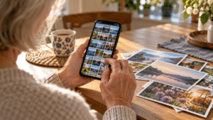 An older adult views photo thumbnails on a smartphone beside printed landscape and flower photographs.