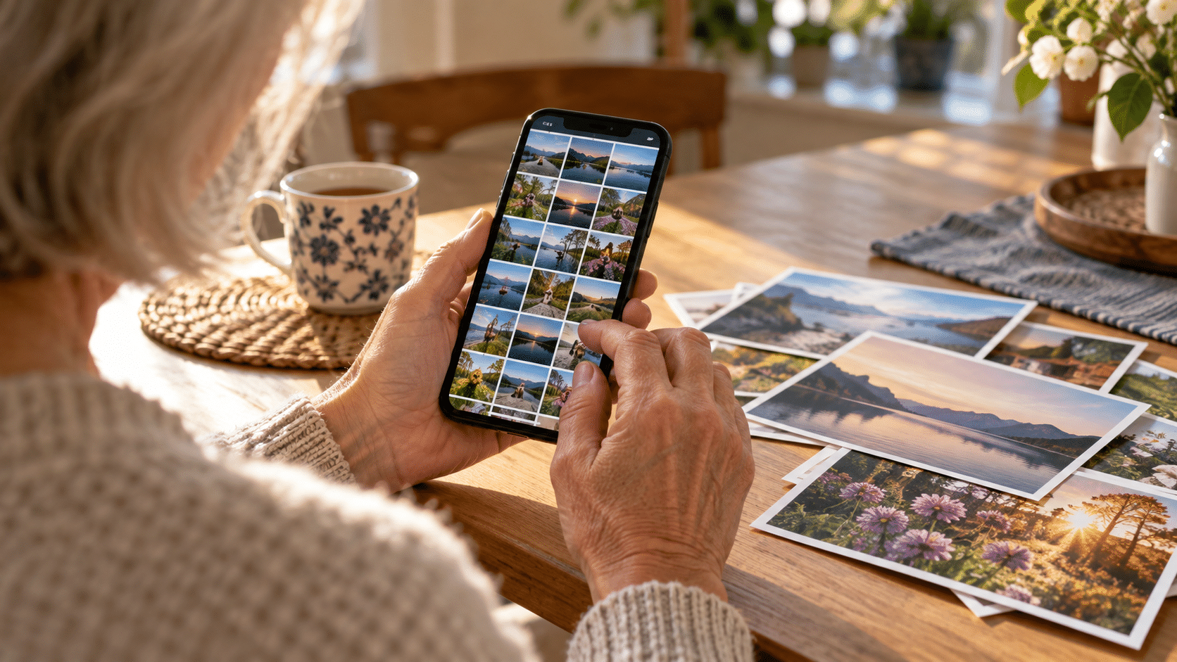 An older adult views photo thumbnails on a smartphone beside printed landscape and flower photographs.