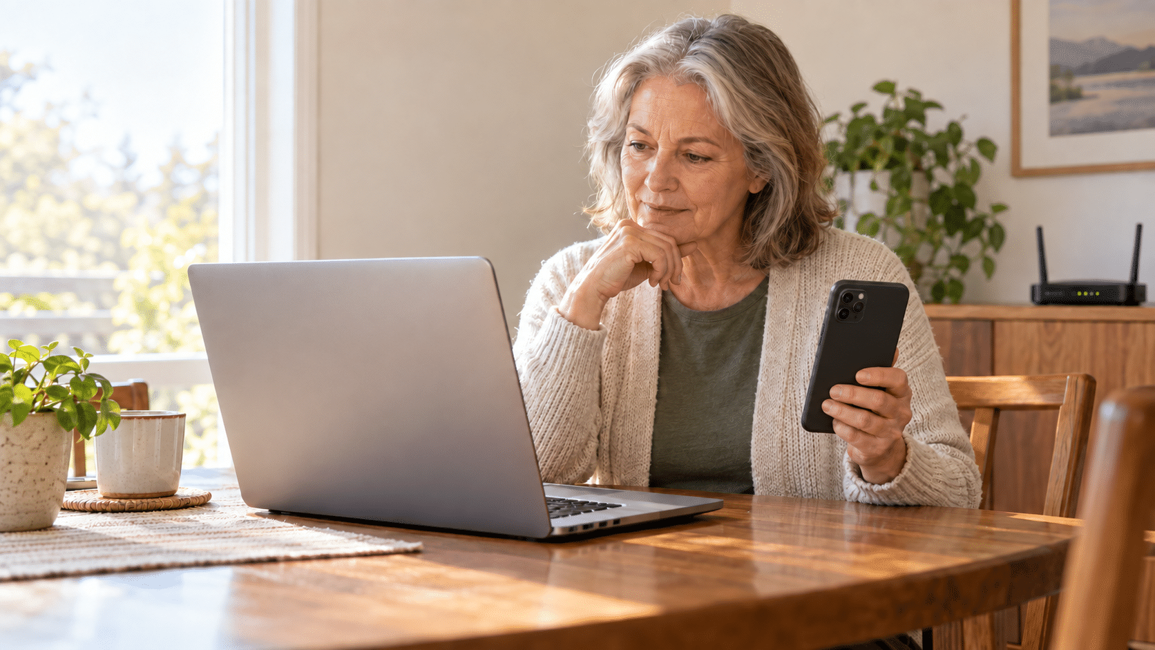Woman using a laptop while holding a smartphone at a dining table, with a Wi-Fi router behind her.