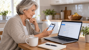 An older woman compares email screens on a smartphone and laptop at a kitchen table.