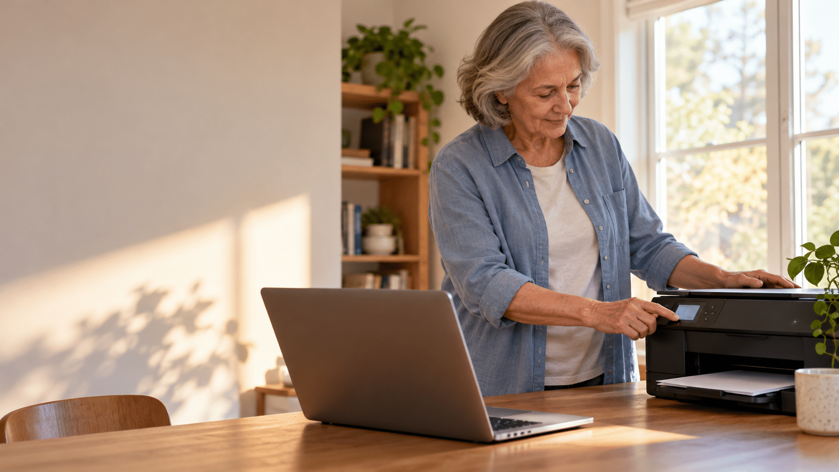 An older woman checks a home printer’s control panel beside an open laptop in a sunlit room.