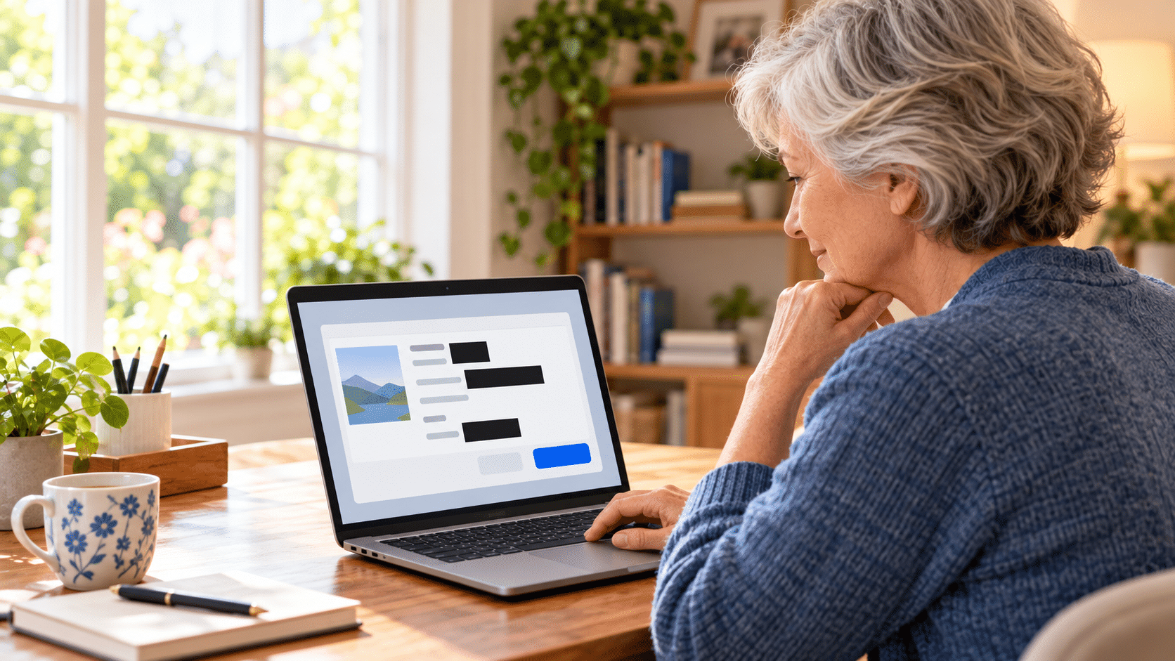 Older woman reviewing a laptop screenshot with private details covered by solid black blocks.
