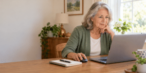 Older woman thoughtfully viewing a laptop, with one hand on a mouse and a notebook beside her.