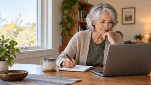 An older woman looks at a laptop while writing notes in a notebook at a sunlit home desk.