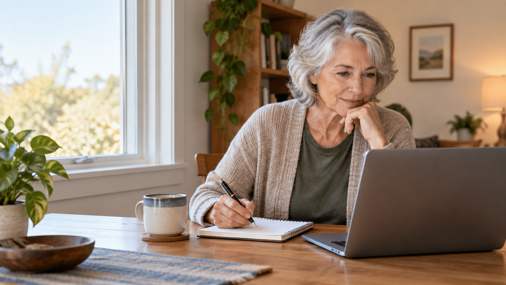 An older woman looks at a laptop while writing notes in a notebook at a sunlit home desk.